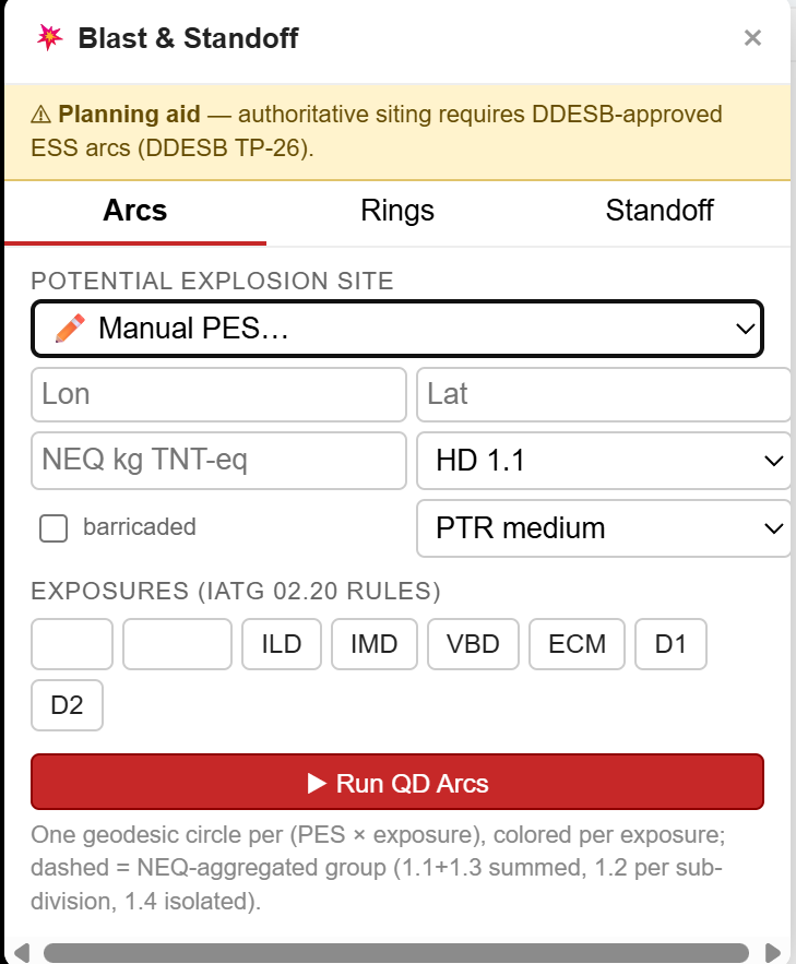 Blast & Standoff — PES site, NEQ, hazard division and exposures; QD arcs render as geodesic circles. The DDESB TP-26 planning-aid notice is pinned in the panel.