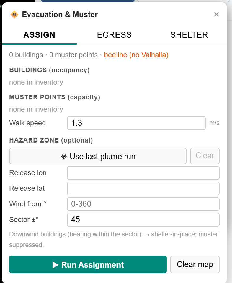 Evacuation & Muster — assign, egress and shelter tabs; walk speed, hazard sector from the last plume run.