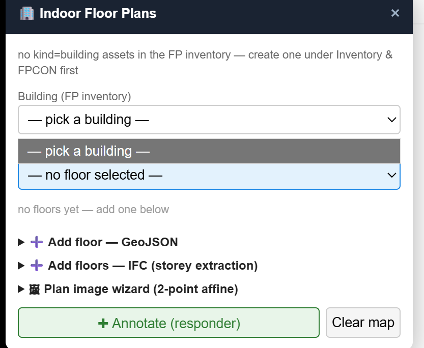 Indoor Floor Plans — GeoJSON floors, IFC storey extraction, georeferenced plan images per building.