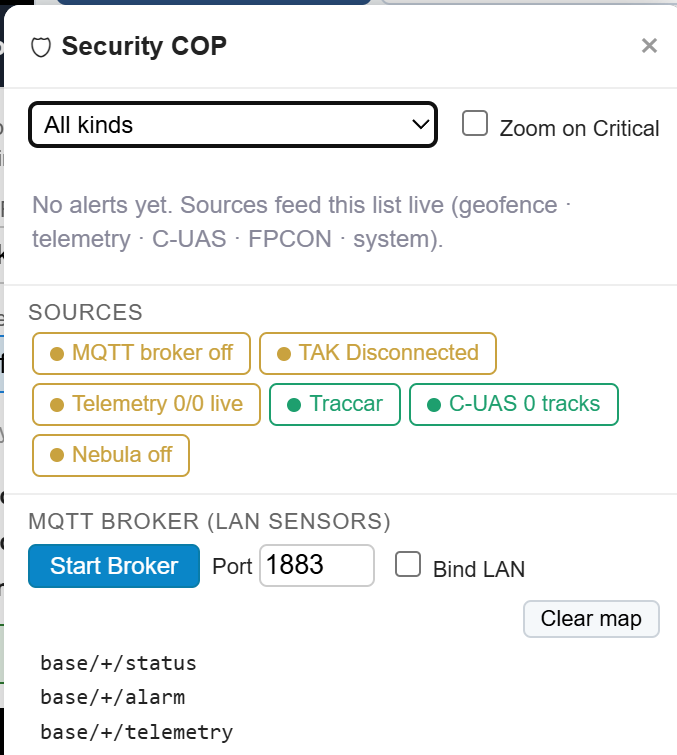 Security COP — one alert list fed by MQTT broker, TAK, telemetry, Traccar and C-UAS sources; embedded broker start/stop.