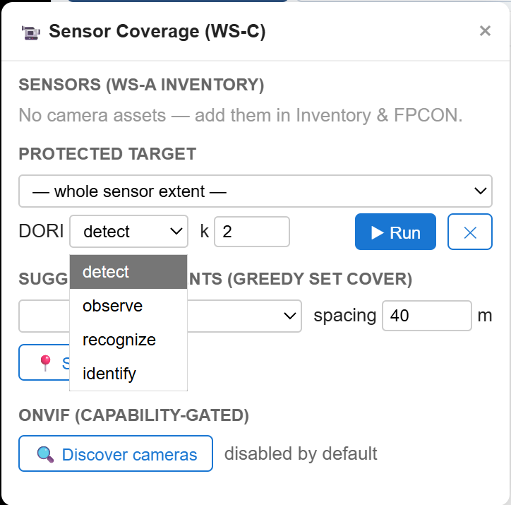 Sensor Coverage — DORI grade (detect / observe / recognize / identify), greedy placement suggestions, capability-gated ONVIF camera discovery.